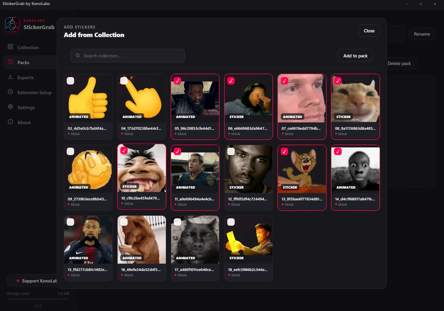 StickerGrab add stickers to pack interface