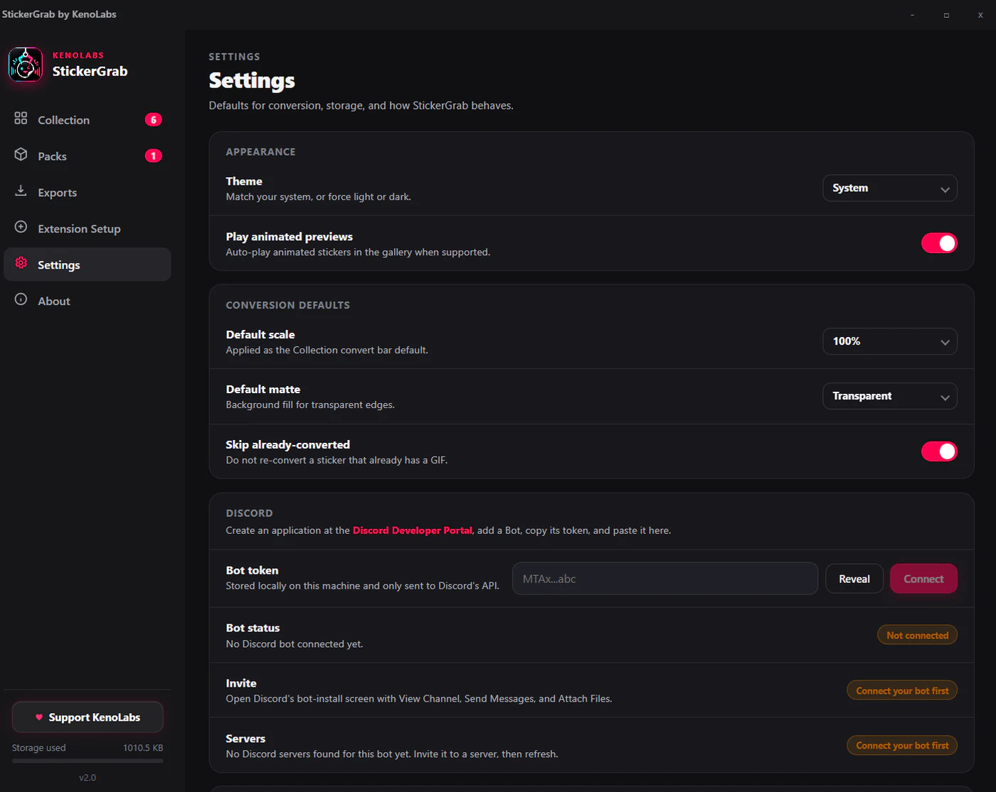 StickerGrab Discord integration settings