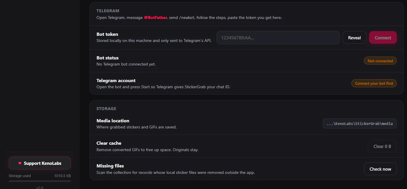 StickerGrab Telegram integration settings